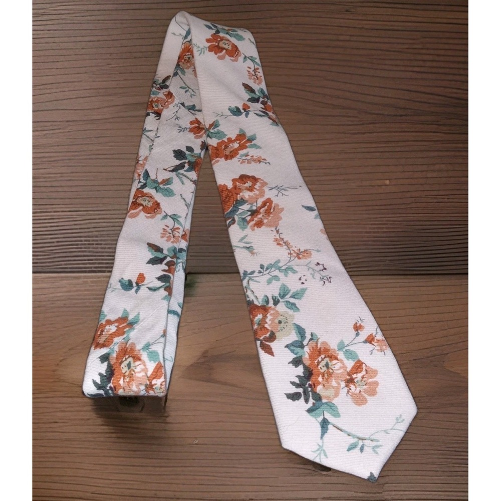 Dazi White Floral Skinny‎ Tie Cotton Handmade